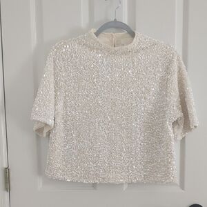 H&M Ivory Sequin Short Sleeve Top